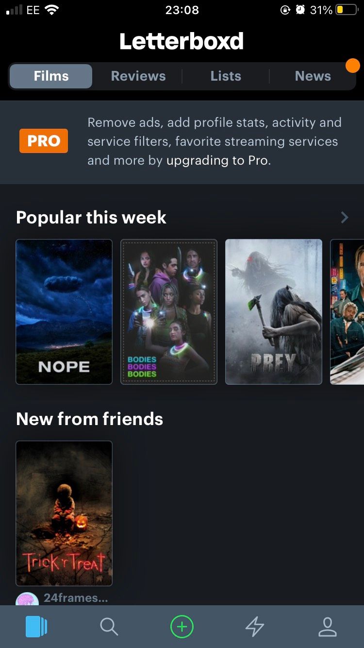 صفحه اصلی برنامه Letterboxd iOS