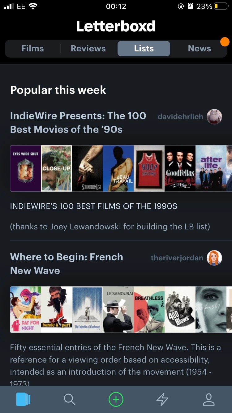 لیست ها در برنامه Letterboxd iOS تغذیه می شوند