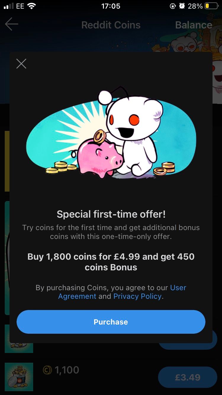 A special first time offer on the Reddit Coins page on the iOS Reddit app