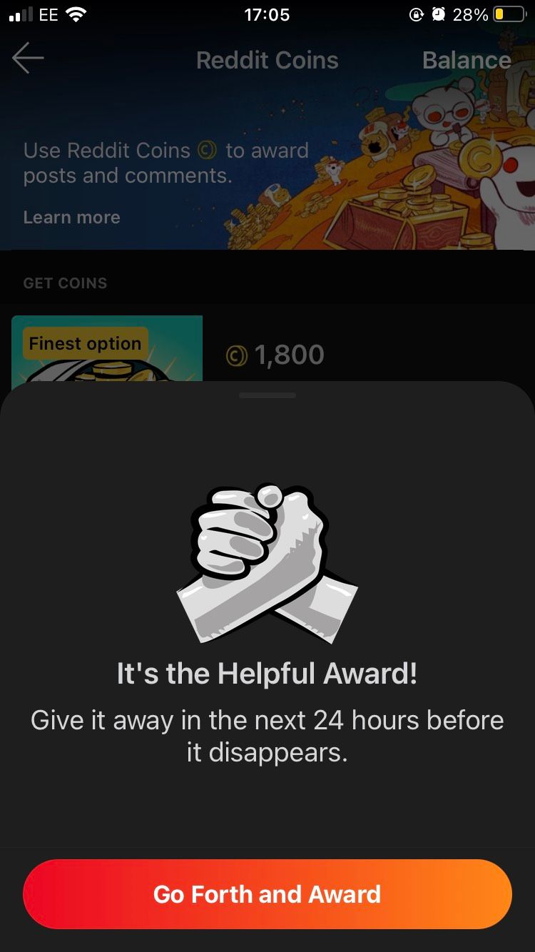 A Helpful Award offered to the user on the iOS Reddit app