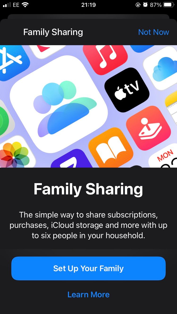 The Set up page for Family Sharing on iOS