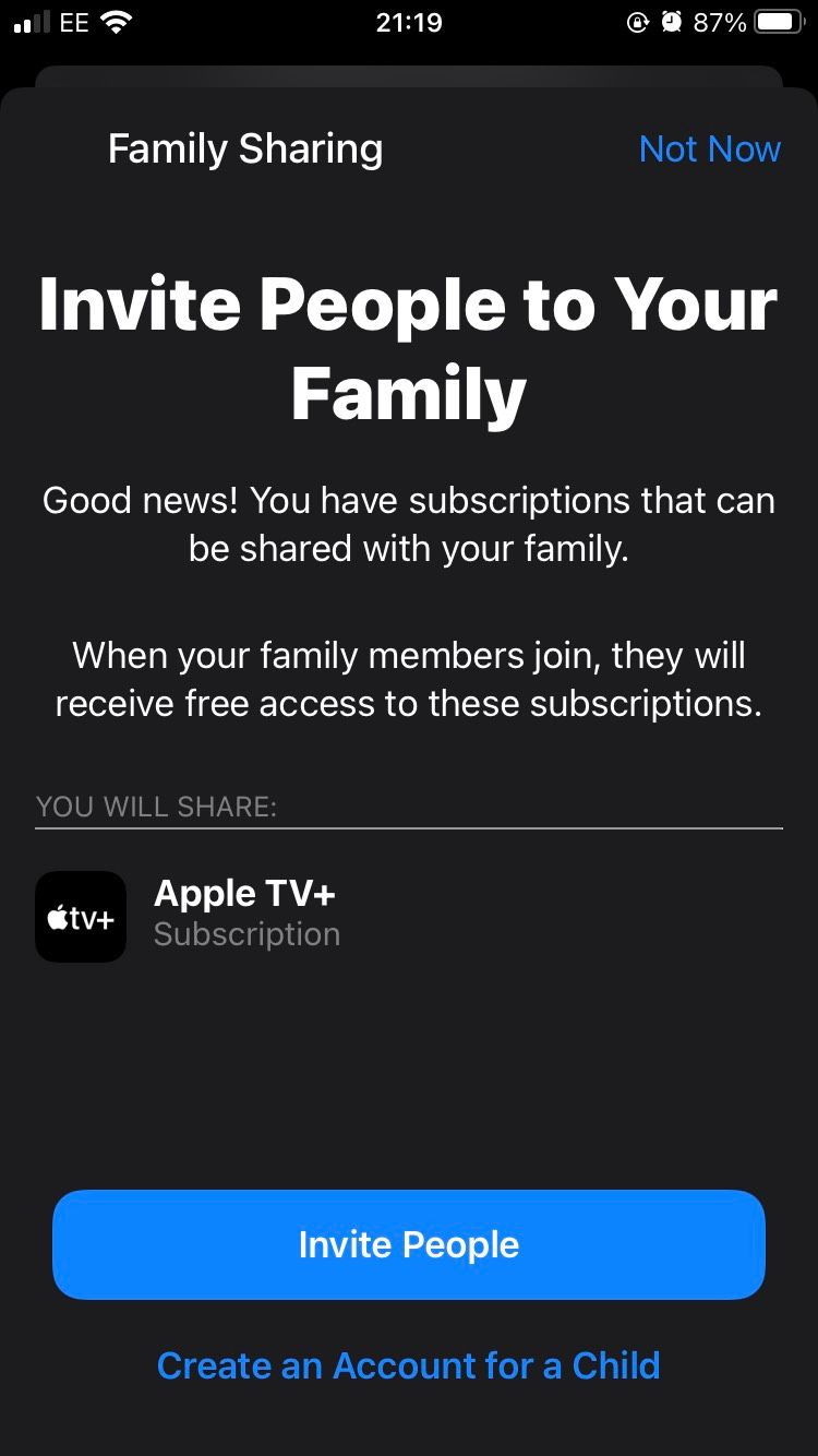 The Invite People page for Family Sharing on iOS