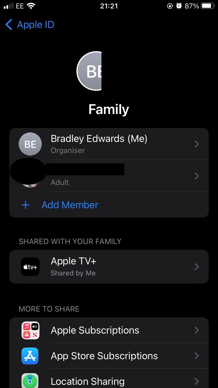 The Family page on iOS