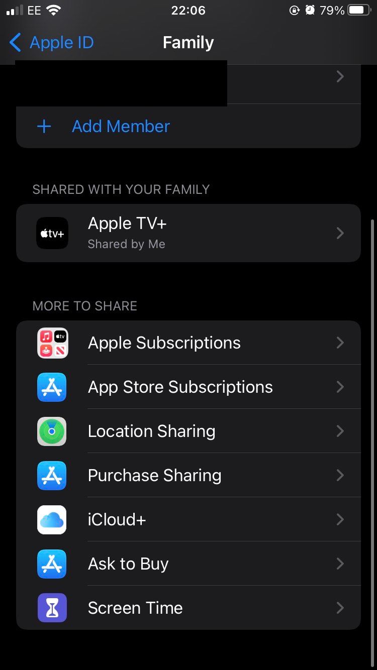 The Family page on iOS Settings