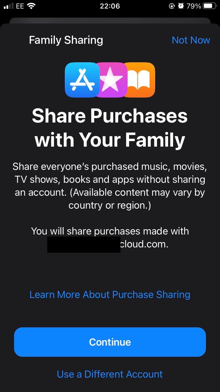 The Set up page for Purchase Sharing on iOS