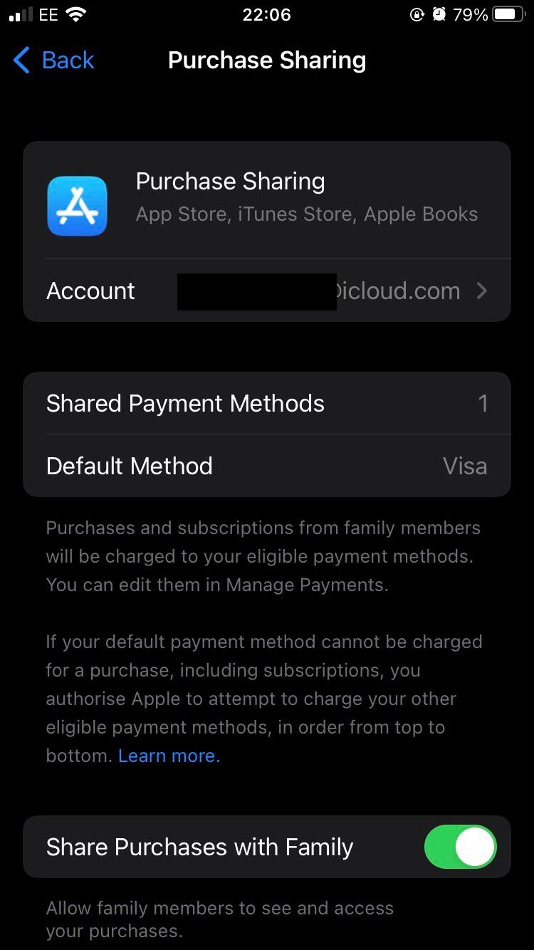 The Purchase Sharing page on iOS