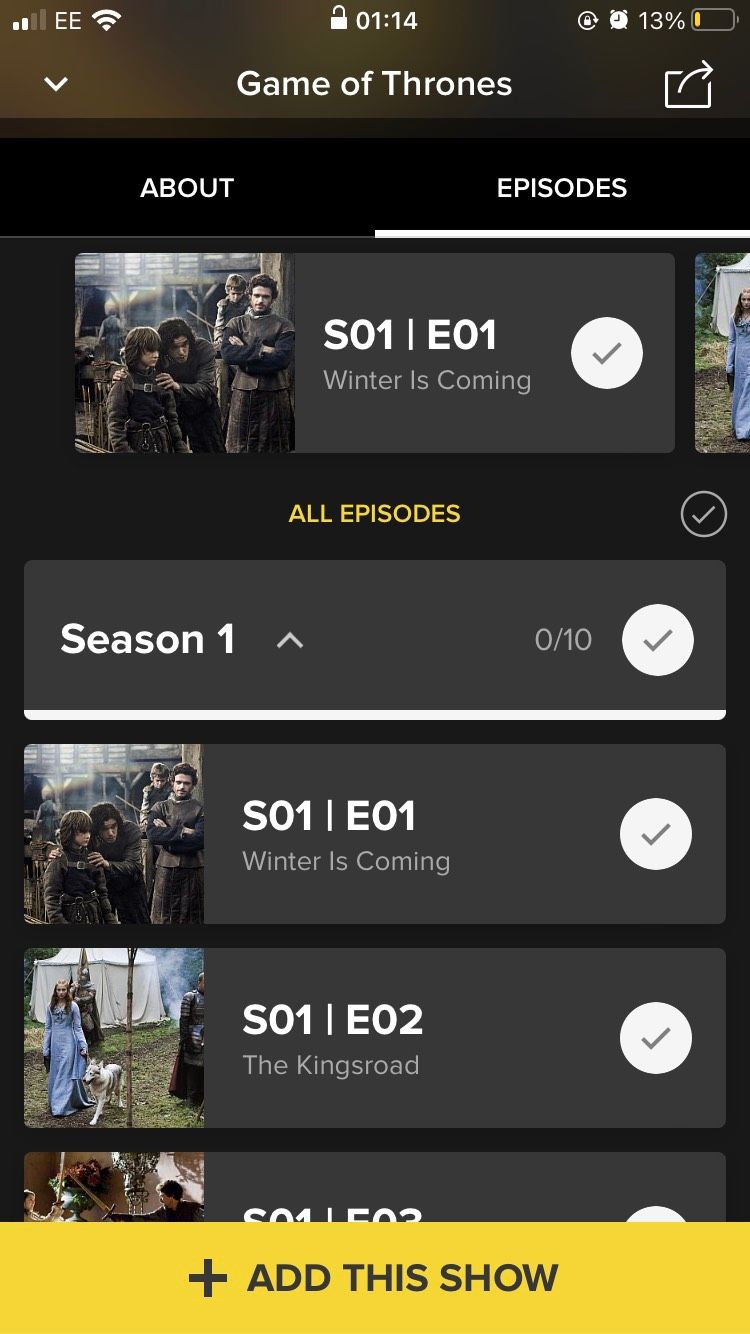 The Game of Thrones Season 1 page on the iOS TV Time app