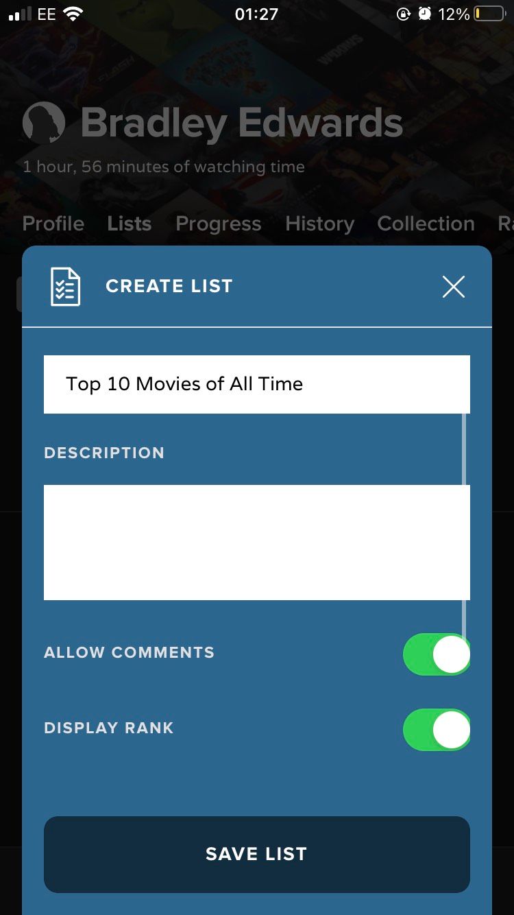 The Create List page on the iOS Trakt app