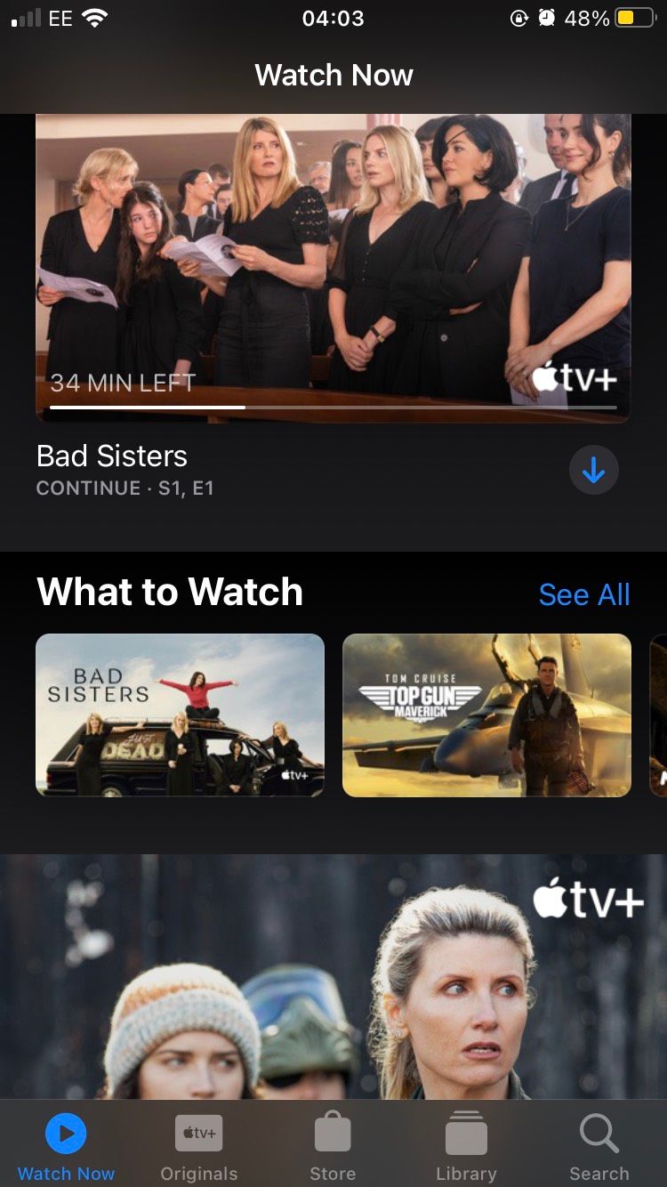 The home page of the Apple TV Plus iOS app