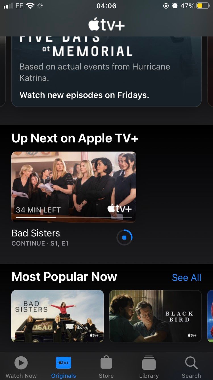 The Up Next section of the iOS Apple TV Plus app with a show being downloaded