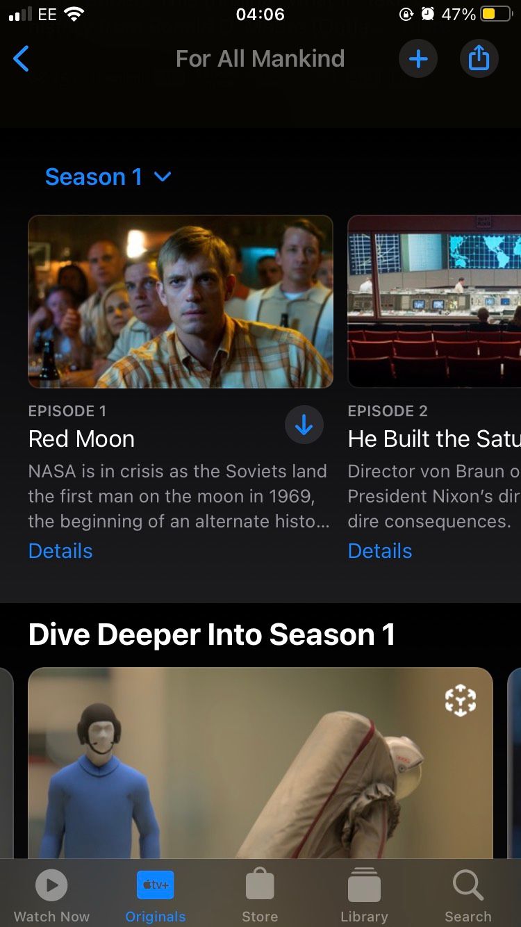 The For All Mankind page on the Apple TV Plus iOS app with an episode being downloaded