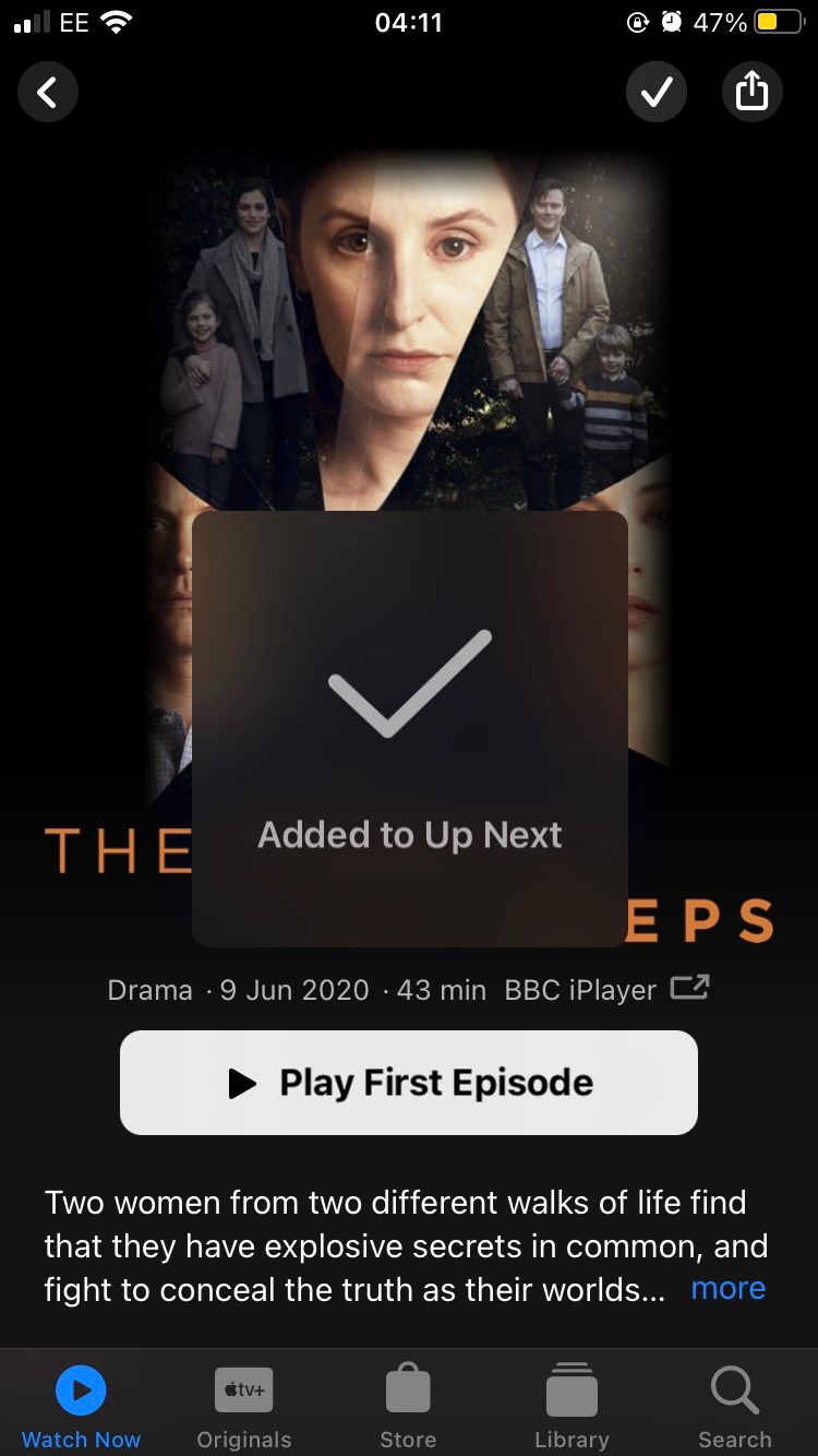 A show added to the users Up Next list on the Apple TV Plus iOS app