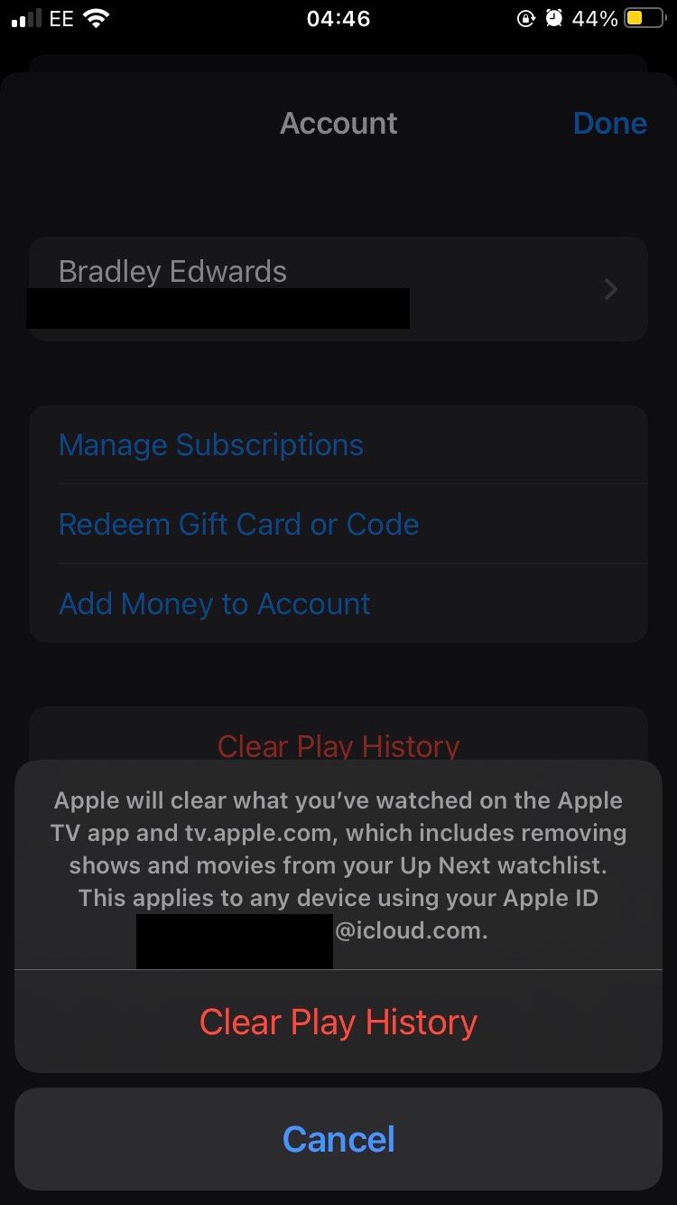 El mensaje Clear Play History en la aplicación iOS Apple TV Plus