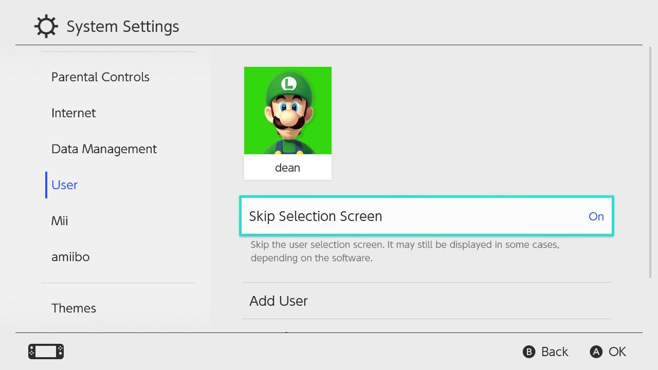 The System Settings on the Nintendo Switch with the Skip Selection Screen turned on