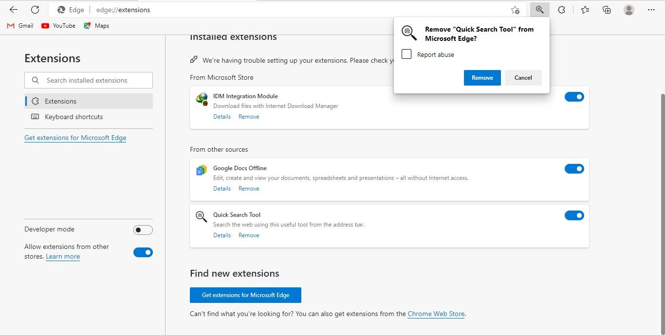 Removing the Quick Search Tool Hijacker from Extensions in Microsoft Edge for Desktop
