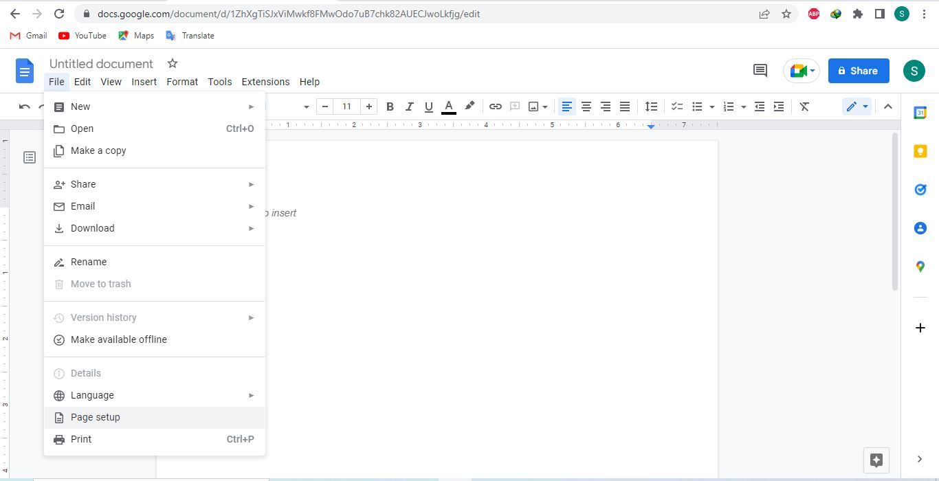 Opening Page Setup Settings in the Dropdown Menu of File Tab in Google Docs