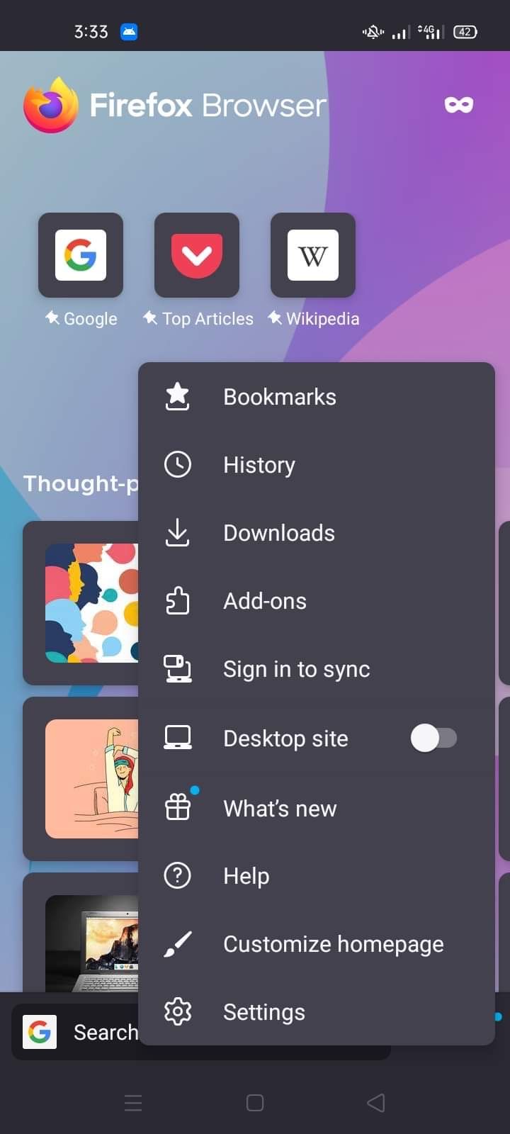 Opening Settings Option by Clicking Three Dots in the Bottom-right Corner in Firefox for Android