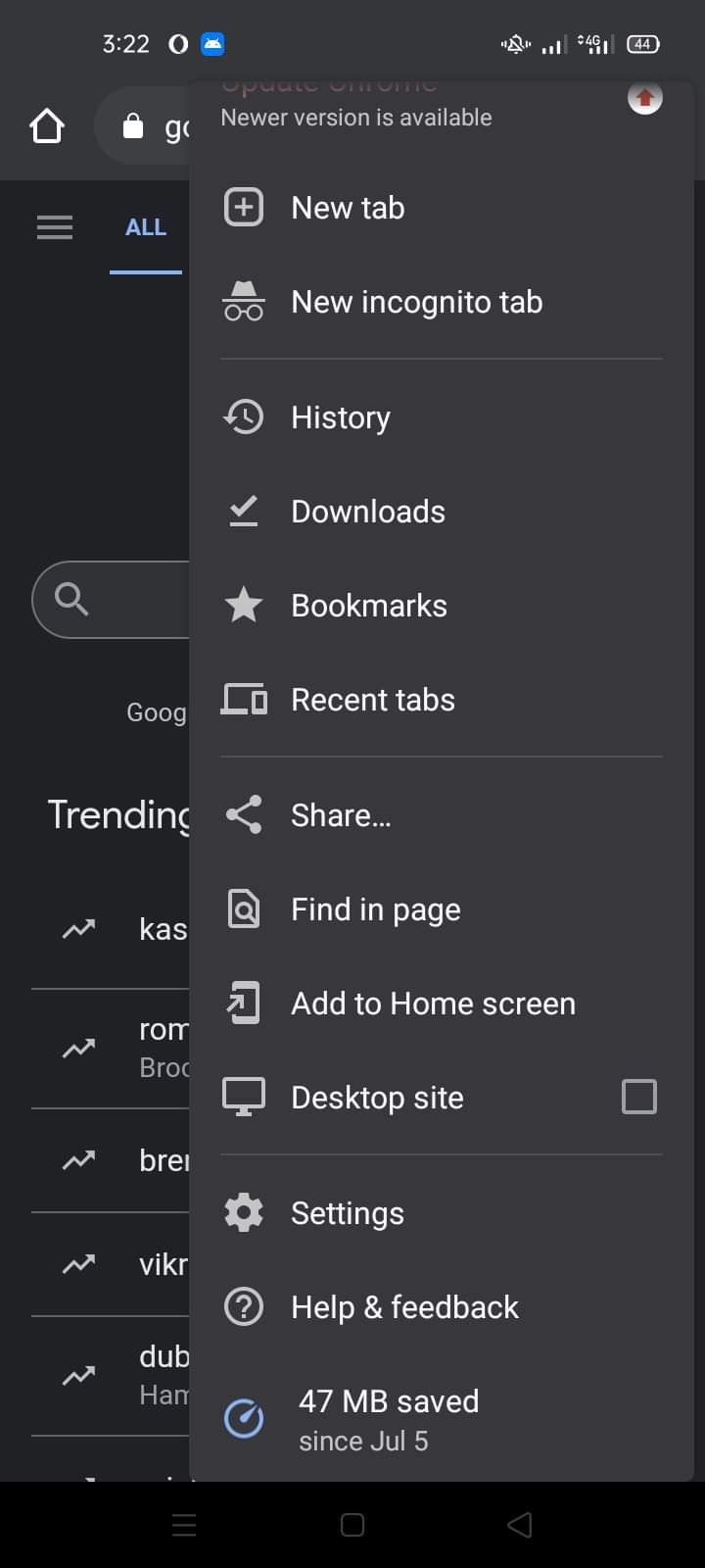Opening Settings Option by Clicking on Three Vertical Dots in Chrome for Android