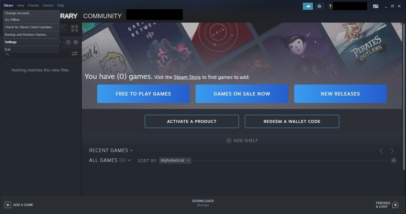 باز کردن تنظیمات Steam از منوی کشویی Steam در Steam Client برای ویندوز