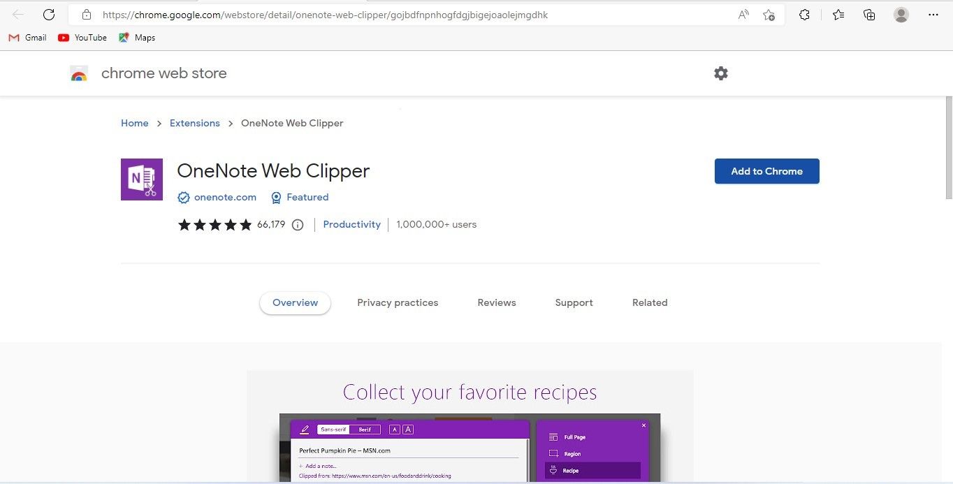 افزودن پسوند OneNote Web Clipper به کروم با کلیک بر روی دکمه افزودن به کروم