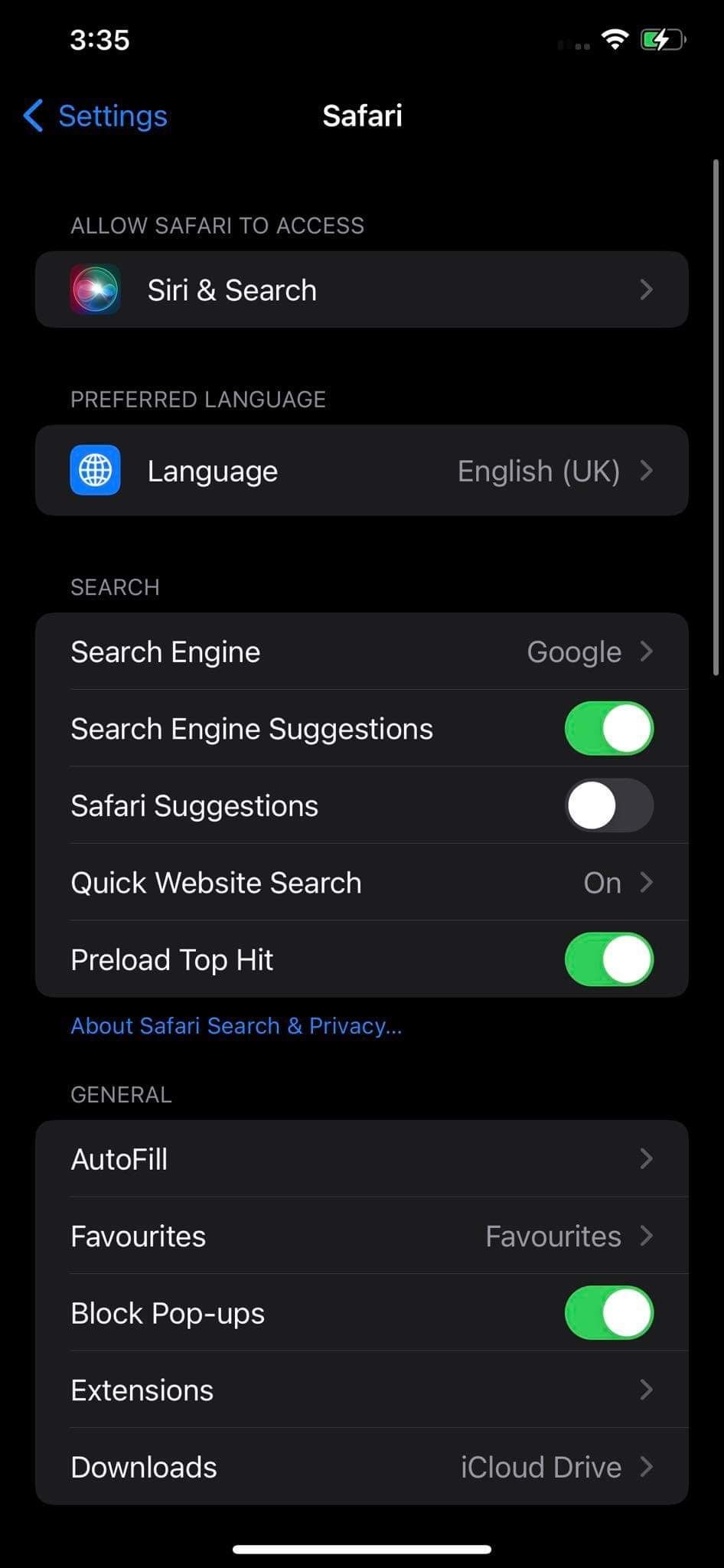 Opening Search Engine Option under Safari Settings in iPhone’s Settings App