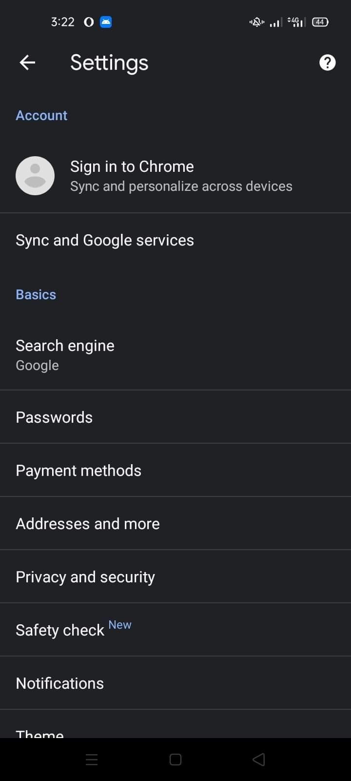 Opening Search Engine Option under Settings Tab in Chrome for Android