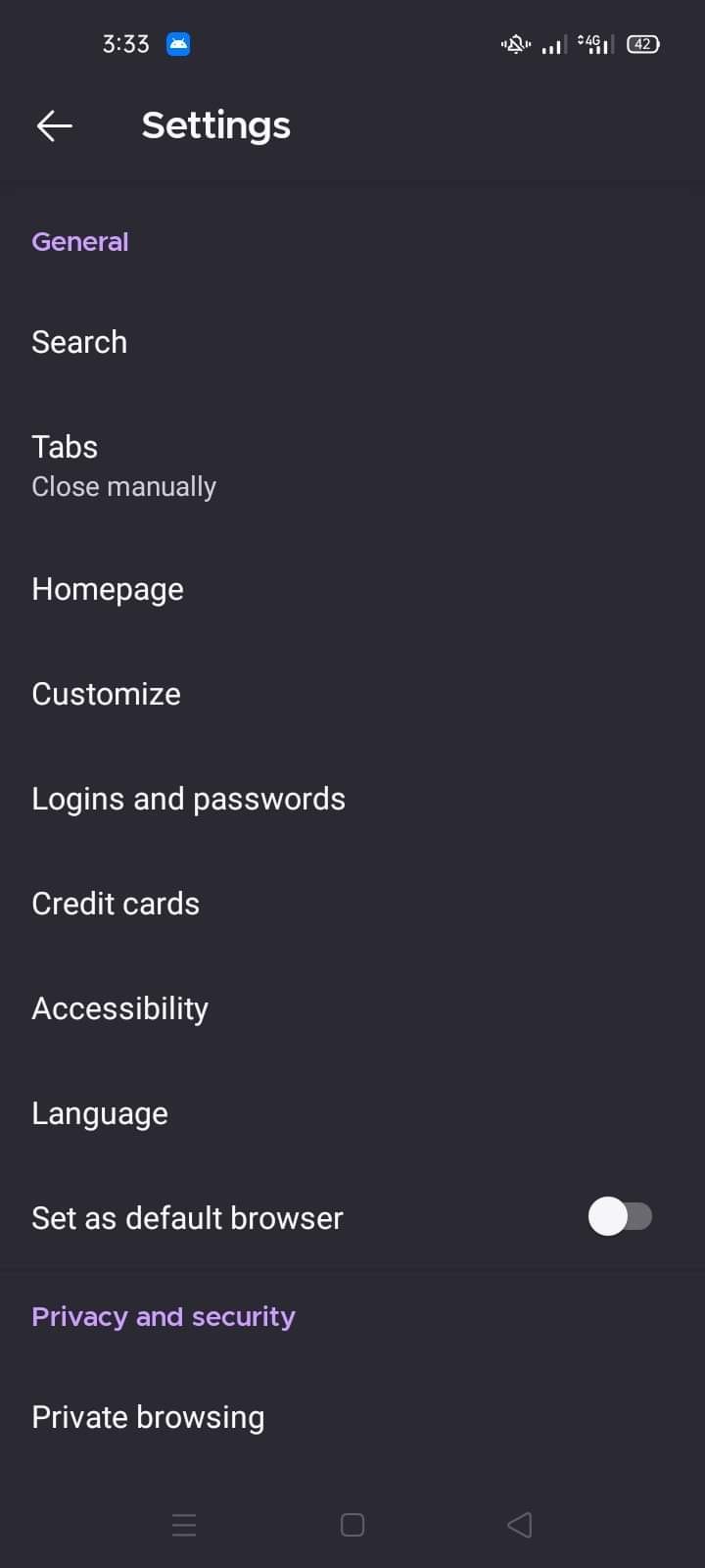 Opening Search Option in the Settings of Firefox for Android