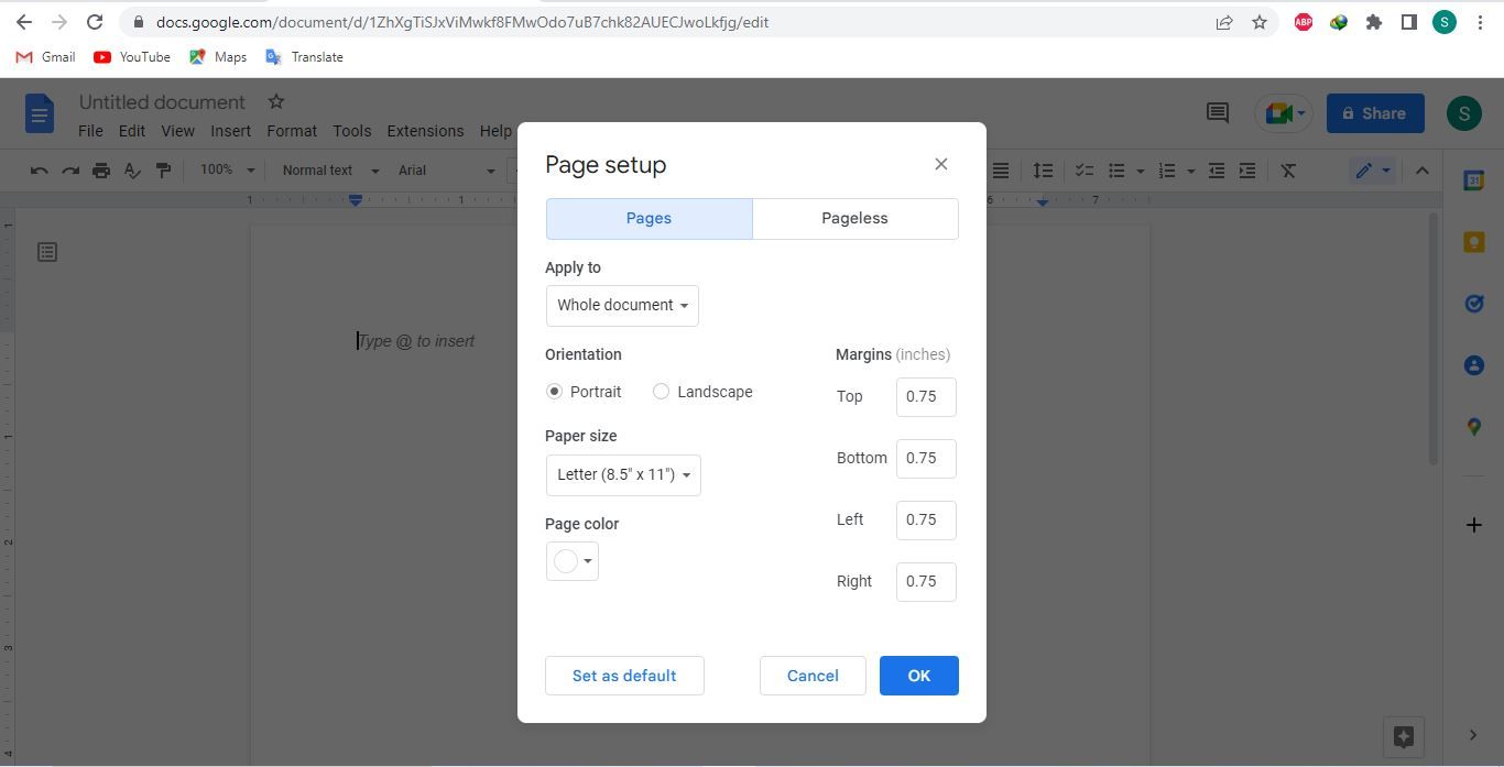 Reducing the Size of the Page Margins in Page Setup Settings in Google Docs