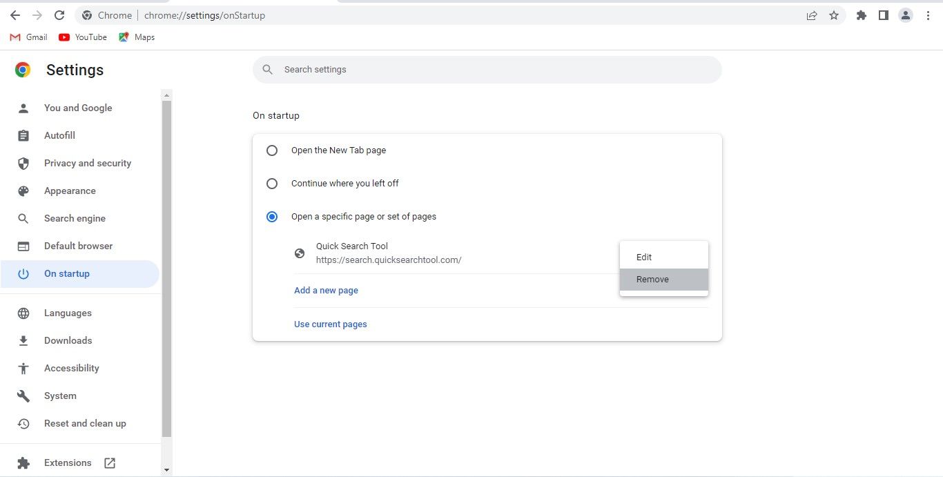 Removing the Hijacker Address From On Startup Menu in Chrome Settings