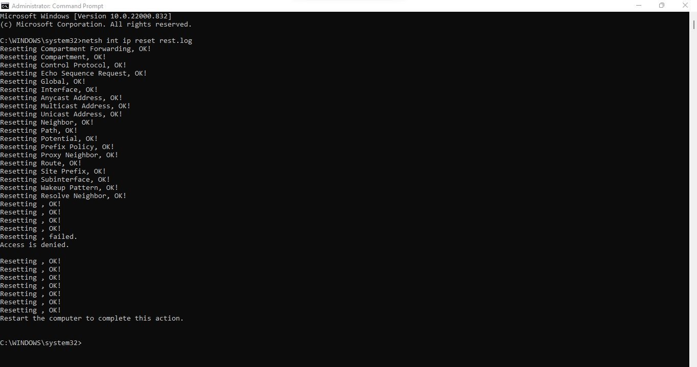 Resetting TCPIP by Running the Command in Windows 11 Command Prompt App