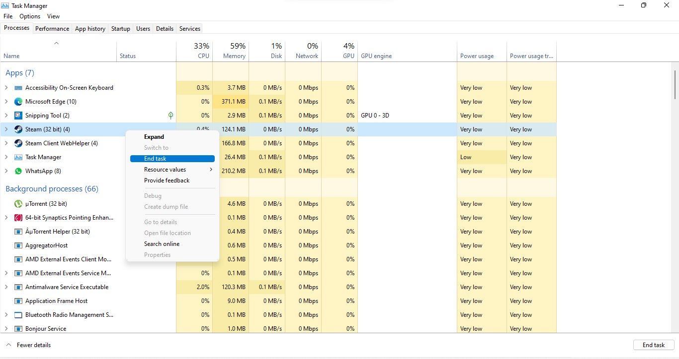 با کلیک بر روی End Task برای پایان دادن به یک فرآیند Steam از Task Manager در ویندوز 11