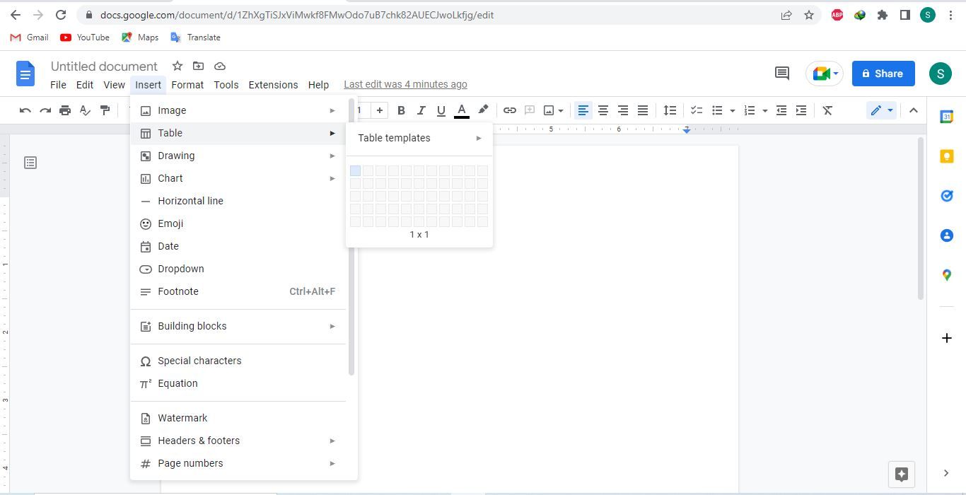 Creating 1x1 Table by Navigating to the Tables Menu Under Insert Tab in Google Docs