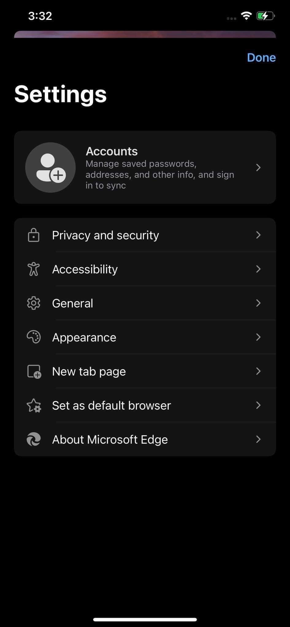 Opening General Tab in Settings in Microsoft Edge for iOS