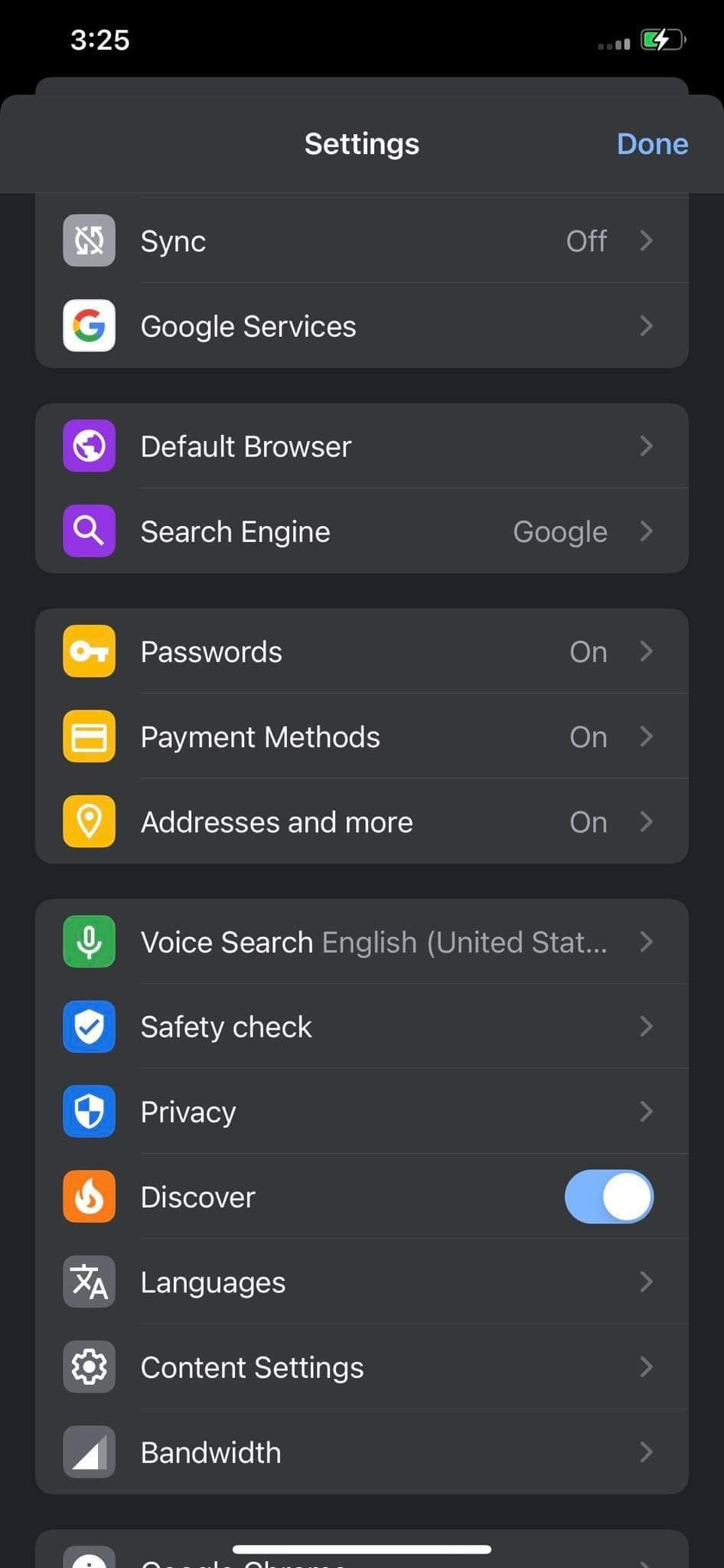 Opening Search Engine Option in Settings Tab on Chrome for iOS