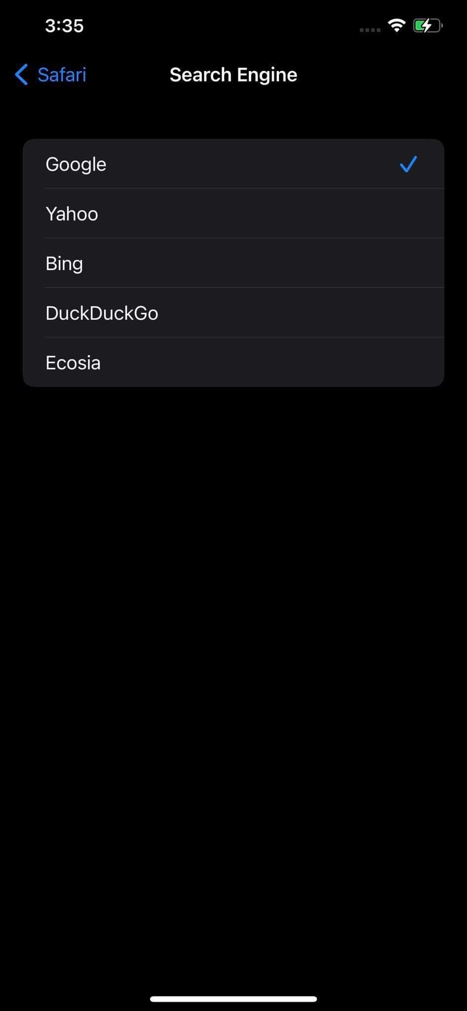 Selecting Google as a Default Search Engine in Search Engine Settings  in iPhone’s Settings App