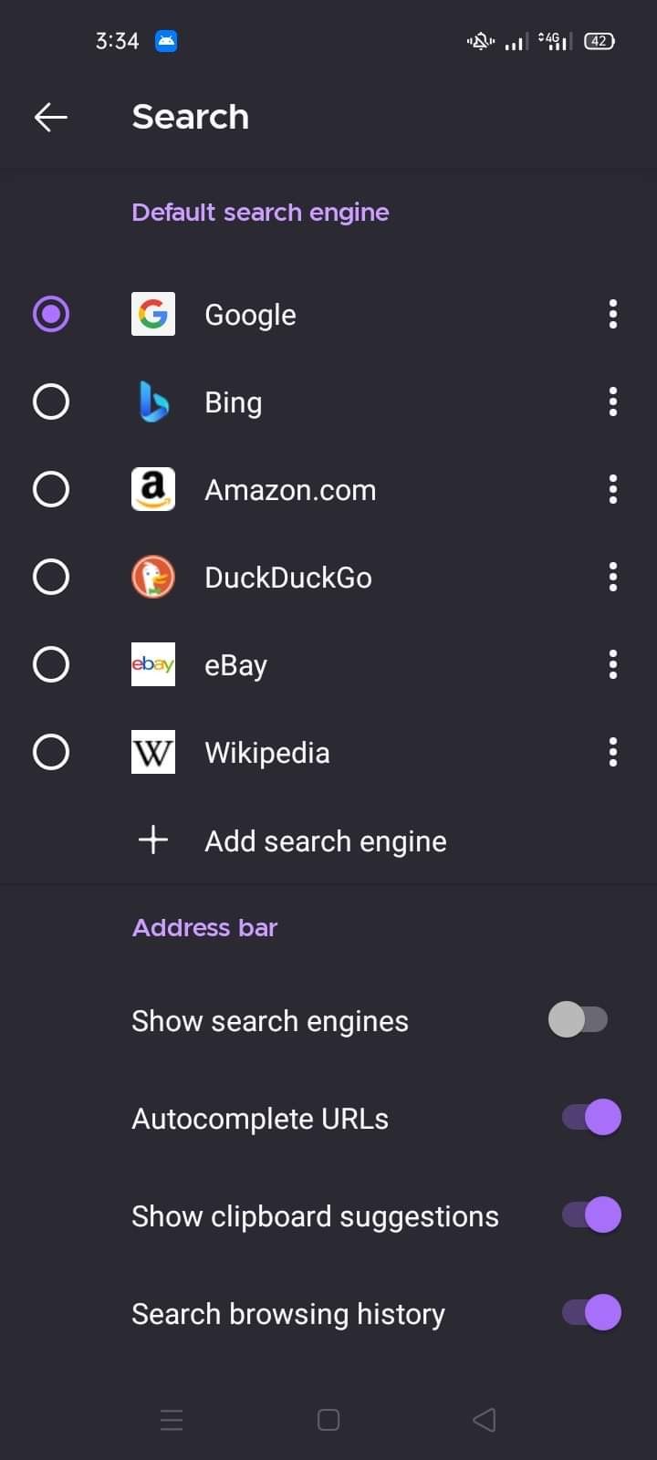 Selecting Google or Bing as Default Search Engines in Search Window in the Settings of Firefox for Android