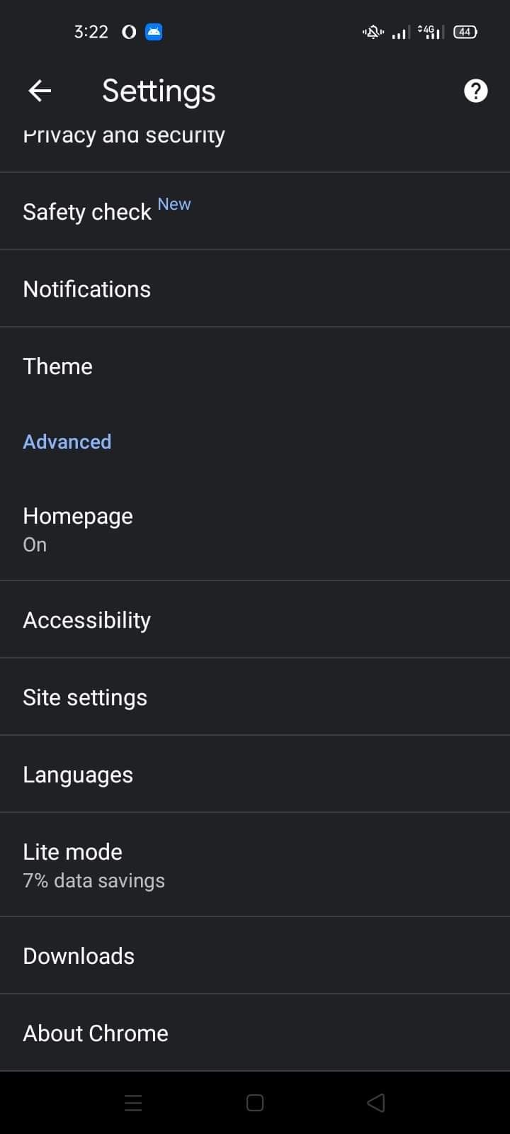 Opening Homepage Option under Advanced Option in Settings Tab in Chrome for Android