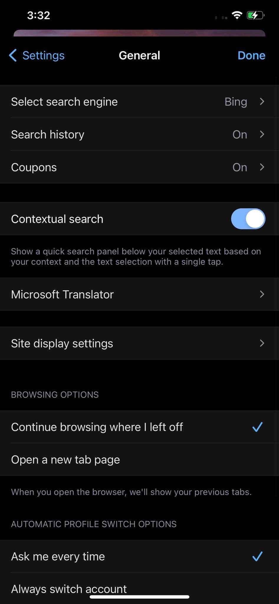 Selecting Bing or Google as Default Search Engines by Clicking on Select Search Engine Options under General Tab in Settings of Microsoft Edge for iOS