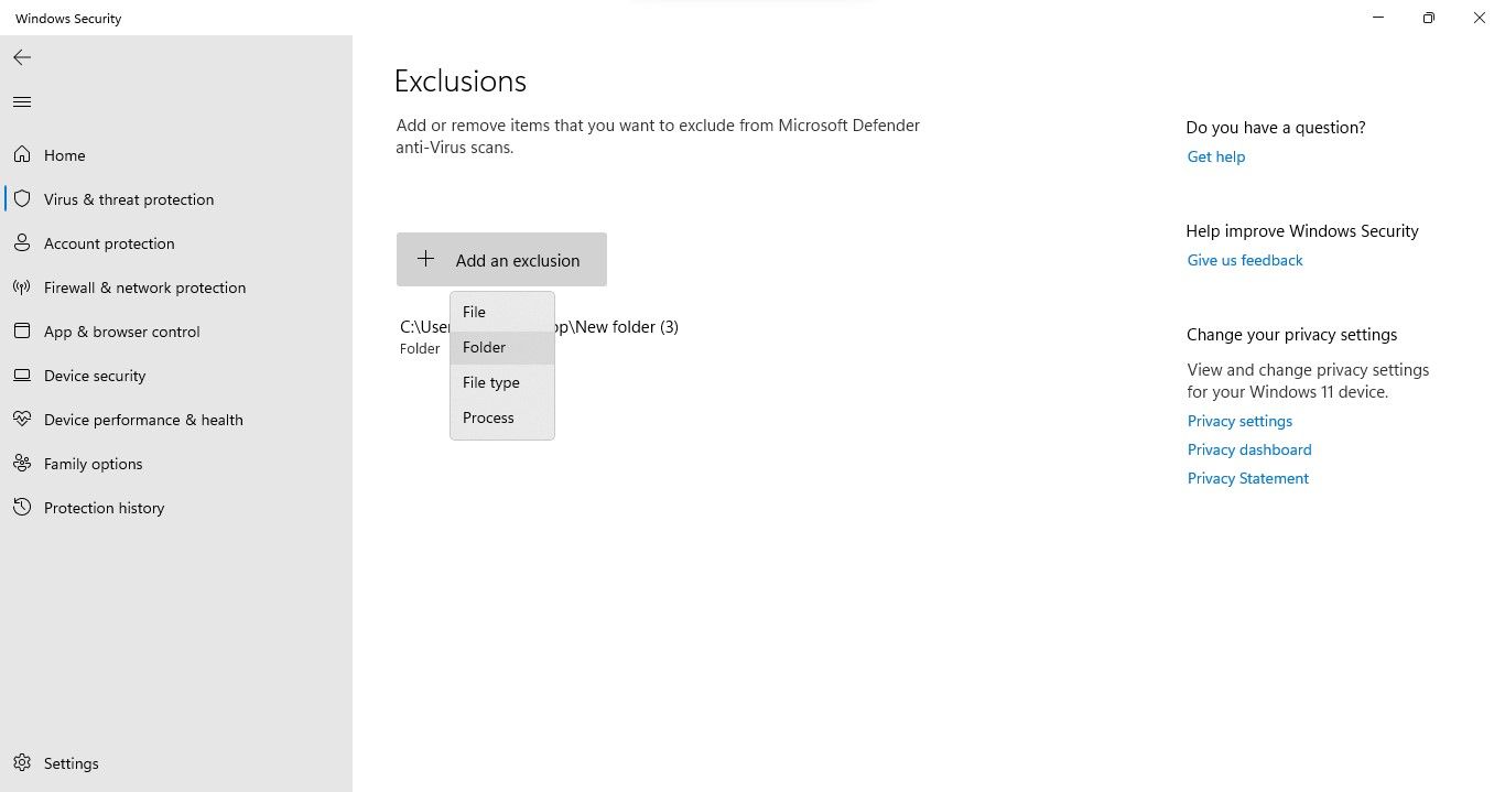 Adding an Exclusion for Downloads Folder in Windows Security Settings