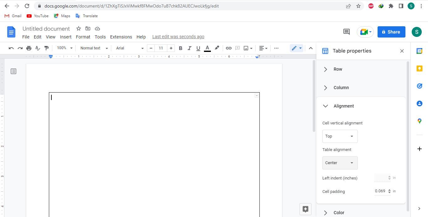 Changing the Table Alignment in the Alignment Menu in Google Docs