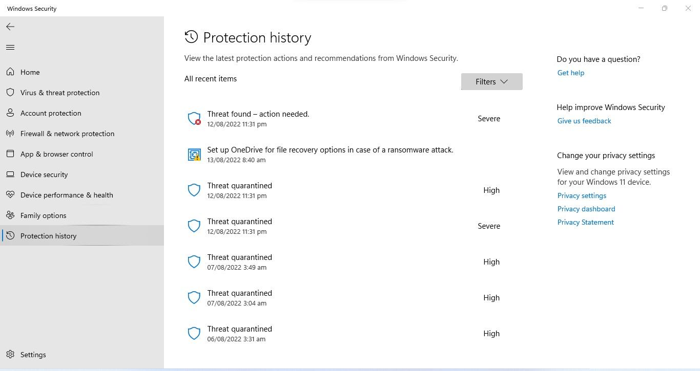 Checking Protection History under Virus and Threat Protection in Windows Security App