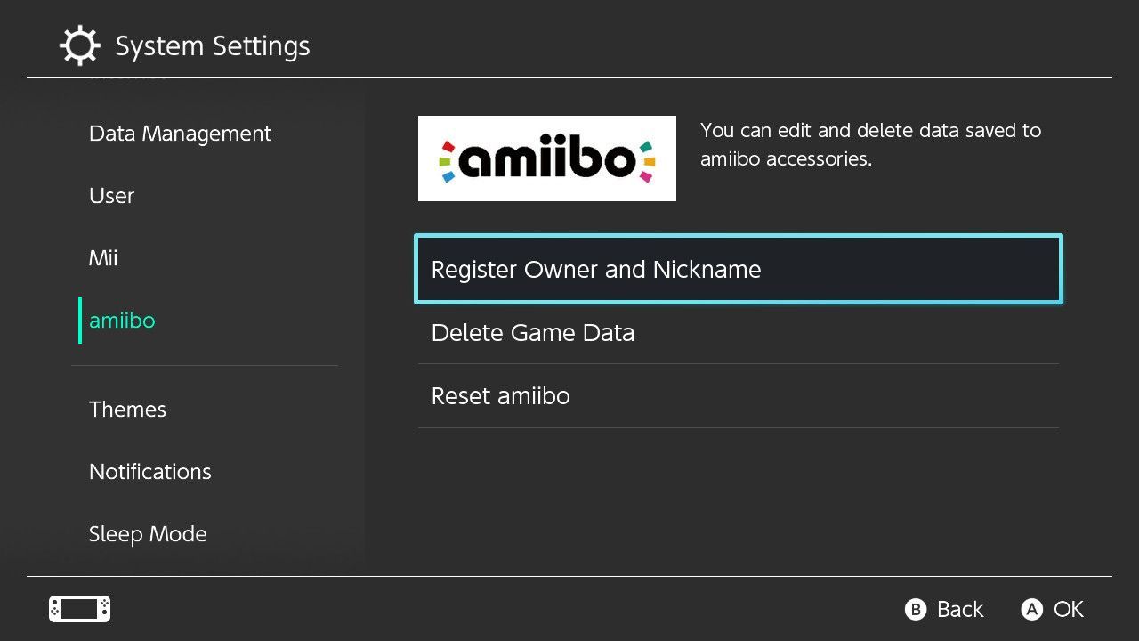 در بخش Amiibo ثبت نام مالک و نام مستعار را انتخاب کنید