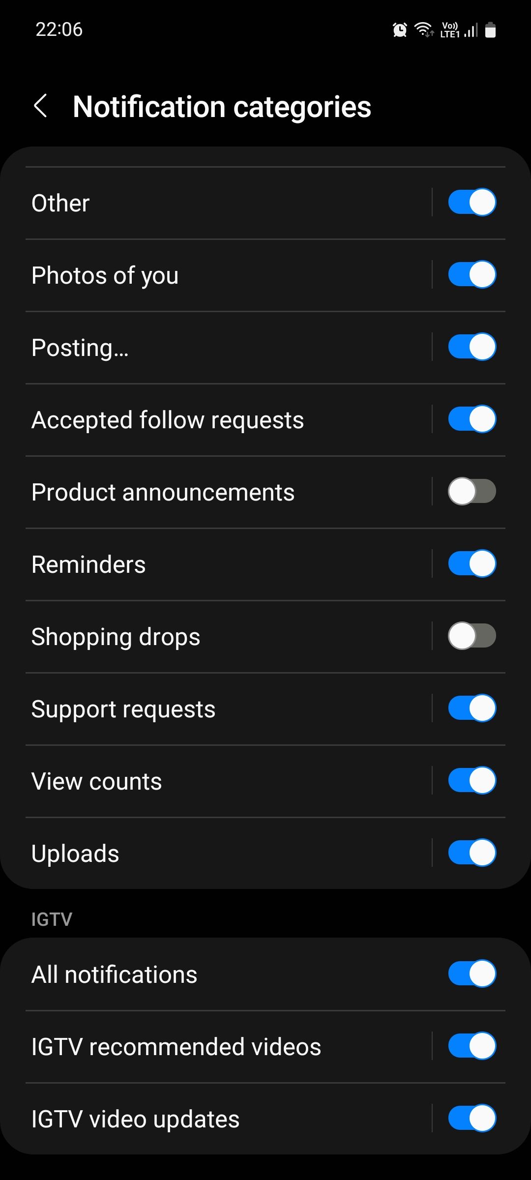 Instagram Notification categories page