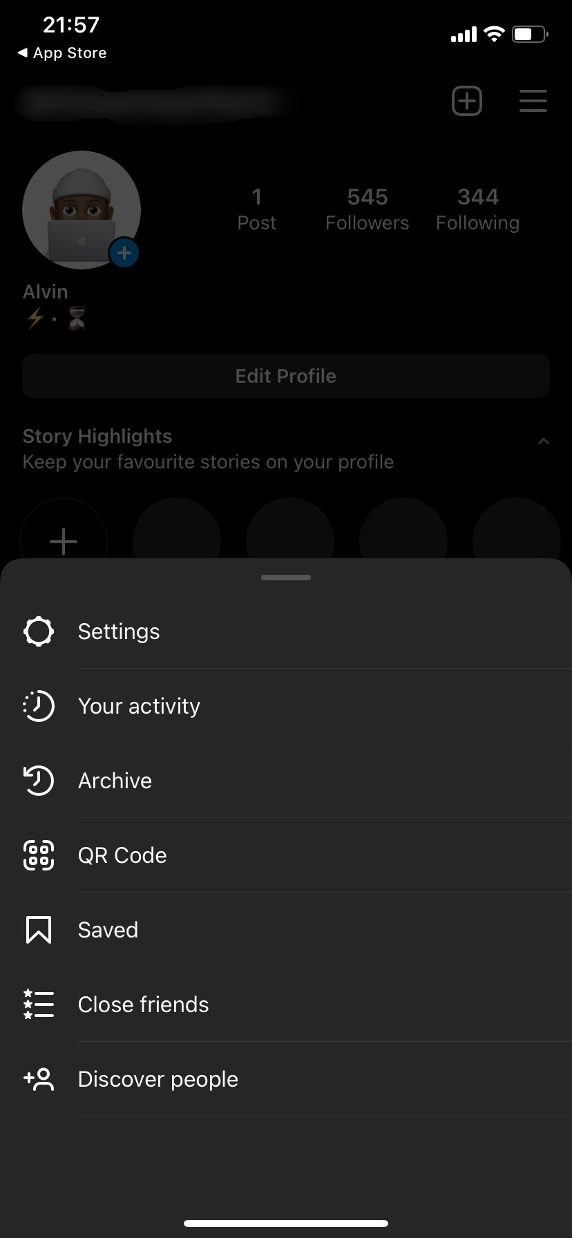 Instagram main settings menu