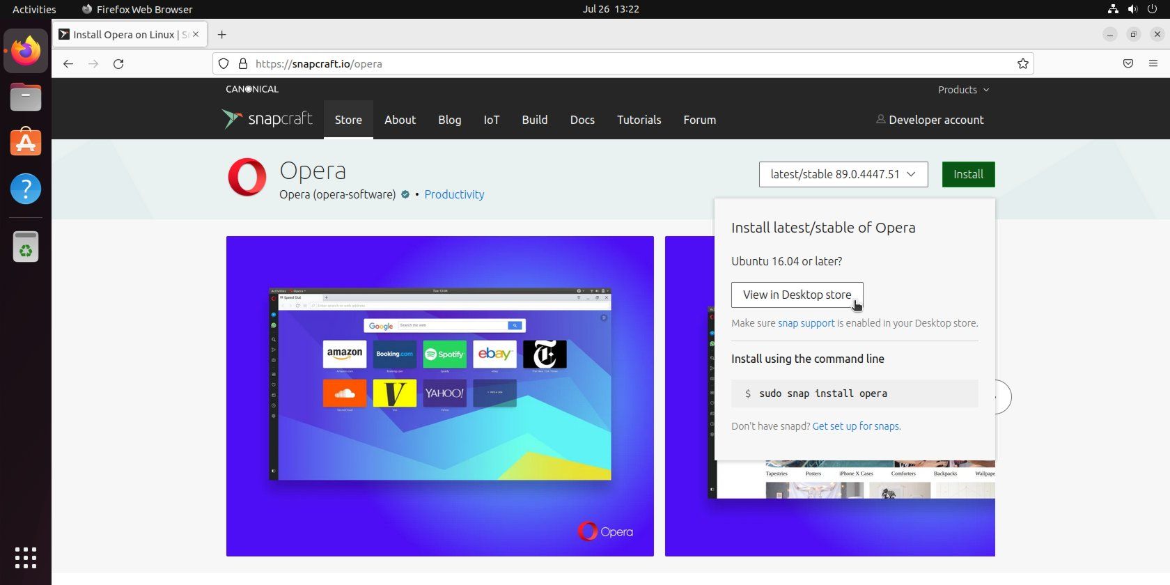 صفحه Opera پنجره نصب فروشگاه Snapcraft.