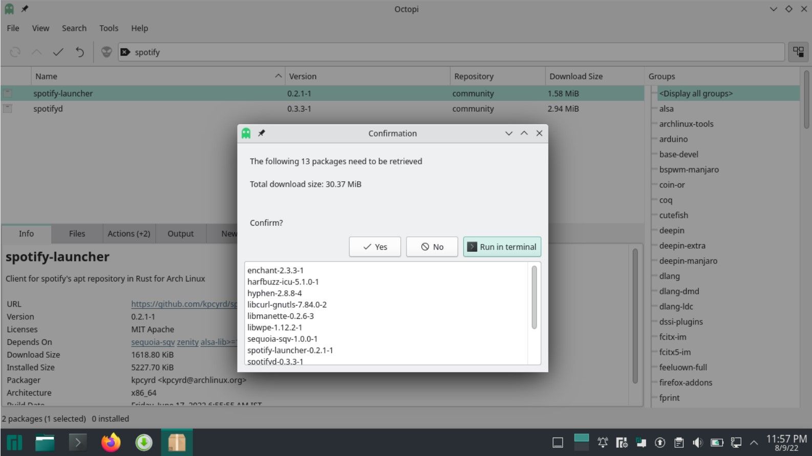 Octopi interface in Manjaro KDE Plasma