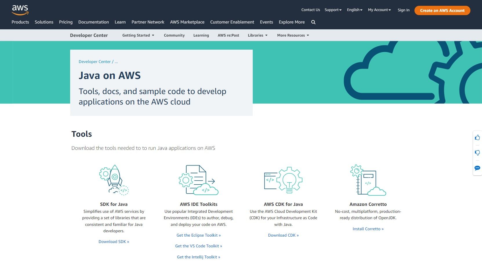 Webpage displaying Java's compatibility on AWS