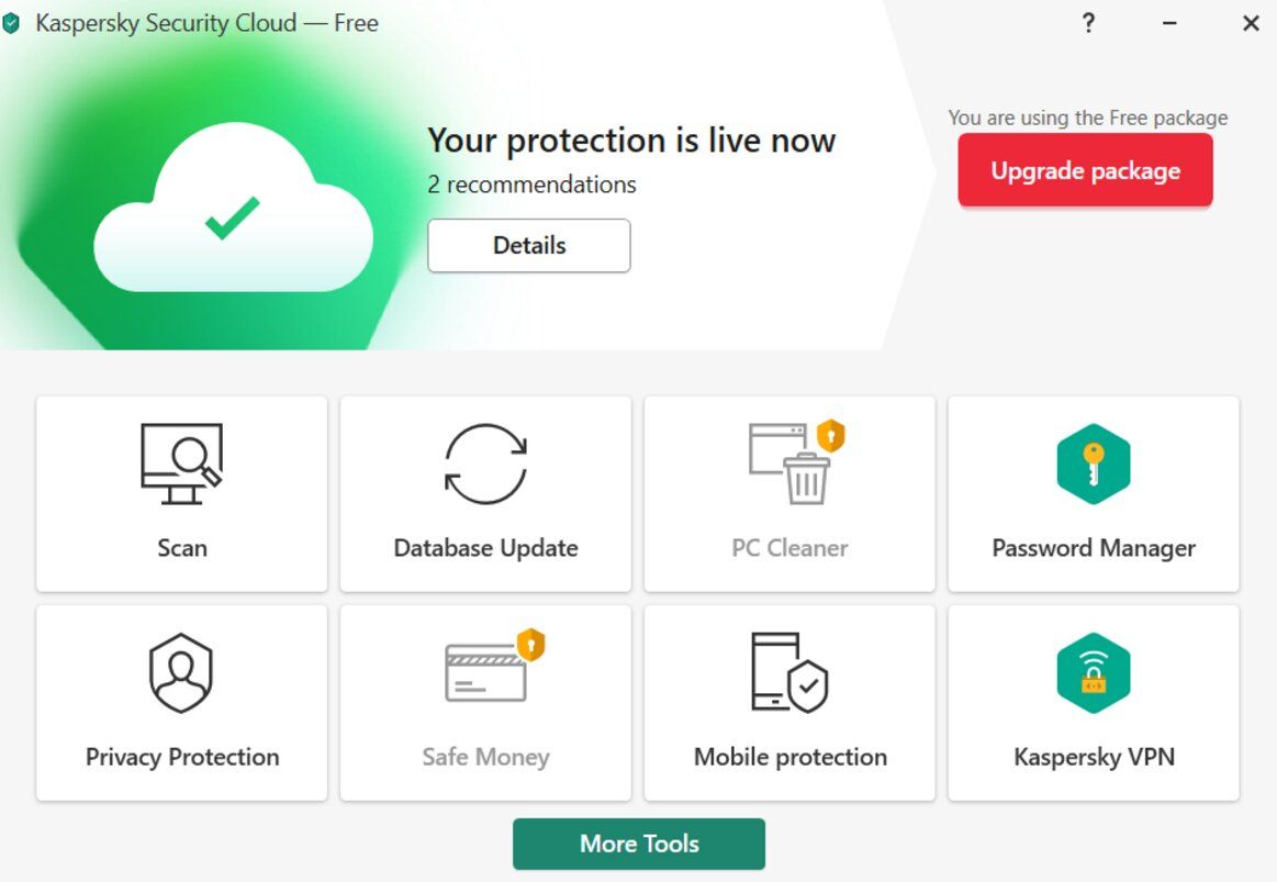 اسکرین شات از منوی اصلی در Kaspersky Security Cloud