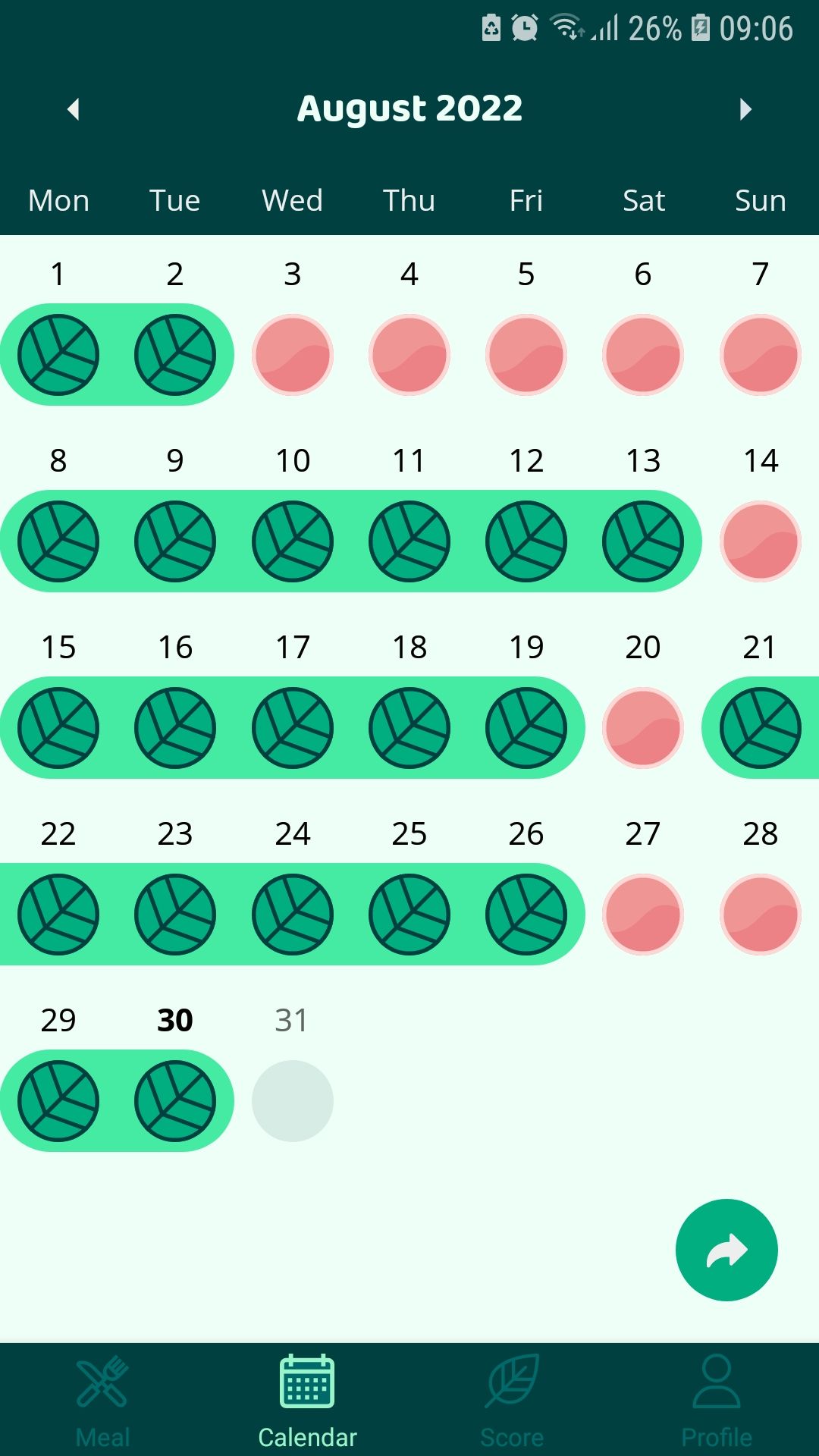 Less Meat intake tracker mobile app calendar