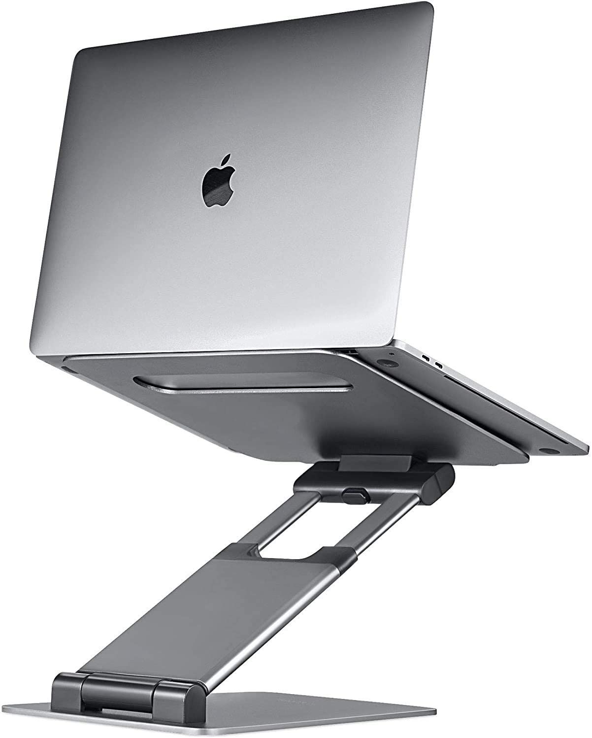 A half-extended Lifelong Upryze laptop stand with an Apple Mac laptop on it